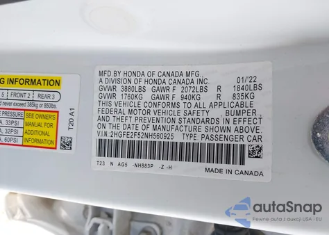 2022 Honda Civic Sport from USA, damaged, VIN 2HGFE2F52NH560925